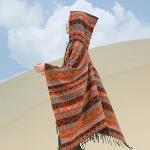 Travel Wear Ethnic Style Geometric Hooded Cape Shawl Women's Winter Warm Qinghai Grassland Cape Scarf