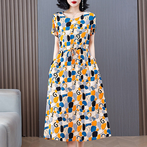2025 New Style Elegant Cotton-Silk Dress for Women, Summer Fashion, High-Waisted, Slimming, Medium Length, Artificial Cotton Printed Skirt