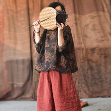 4082原创麻料女装春夏款轻薄印花苎麻连帽上衣文艺休闲宽松女衬衫