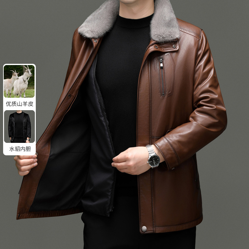 Haining Genuine Leather Jacket Men's Mid-Length Whole Mink Mink Lining Goatskin Jacket Fur Outwear Mink Outwear