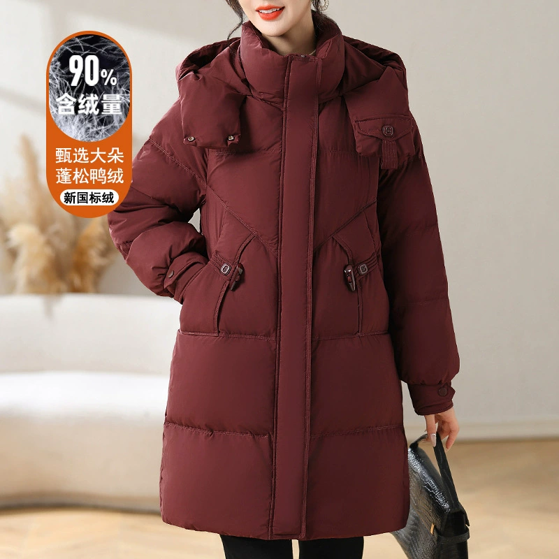 Мама зимний пуховик средняя длинная мода теплая 2024 новая средняя и пожилая женщина утка ватная куртка с капюшоном