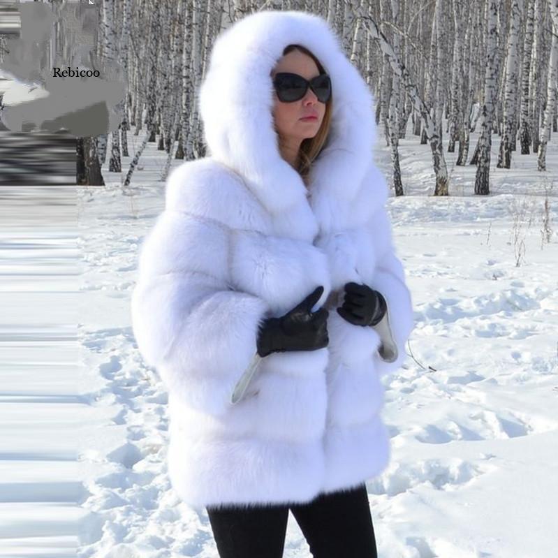 European and American Wholesale 2025 Autumn and Winter New Faux Fur Hooded Women's Mid-Length Slim Fit Fox Fur Coat for Women