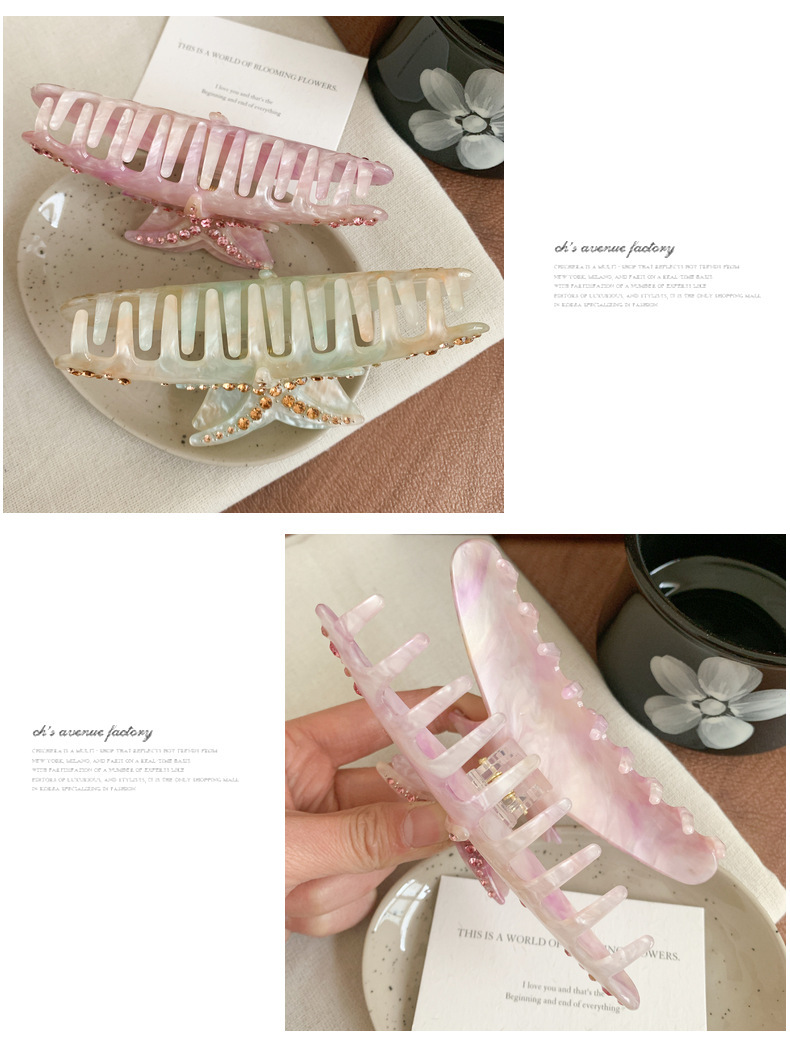 Haarnadel mit originellem Design, mit Diamanten besetzte Seestern-Haarspange, übergroße Haifisch-Haarspange, dreidimensionale Haarspange in Acetat-Temperamentfarbe_voghion.com