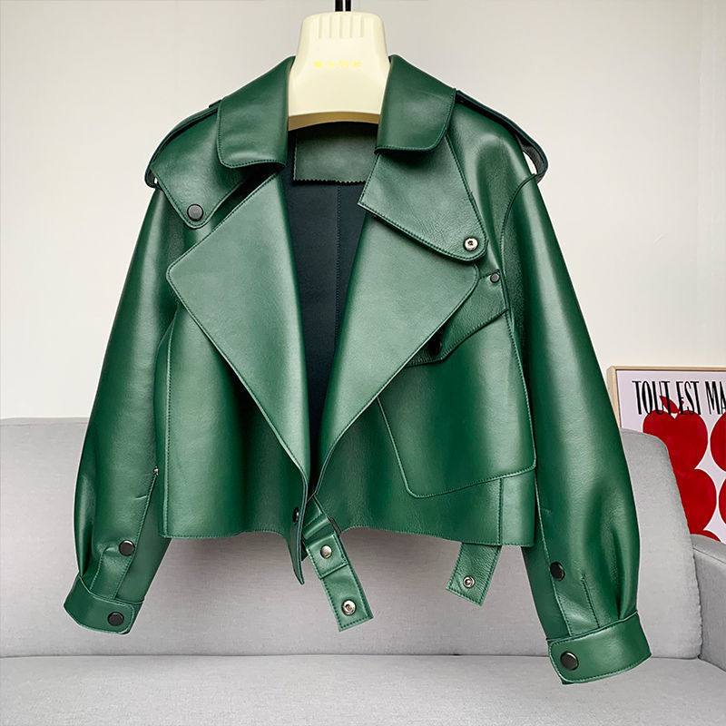 New Goatskin Women's Genuine Leather Jacket Versatile Short Korean Style Loose Motorcycle Jacket Fashionable Jacket for Young and Middle-Aged People