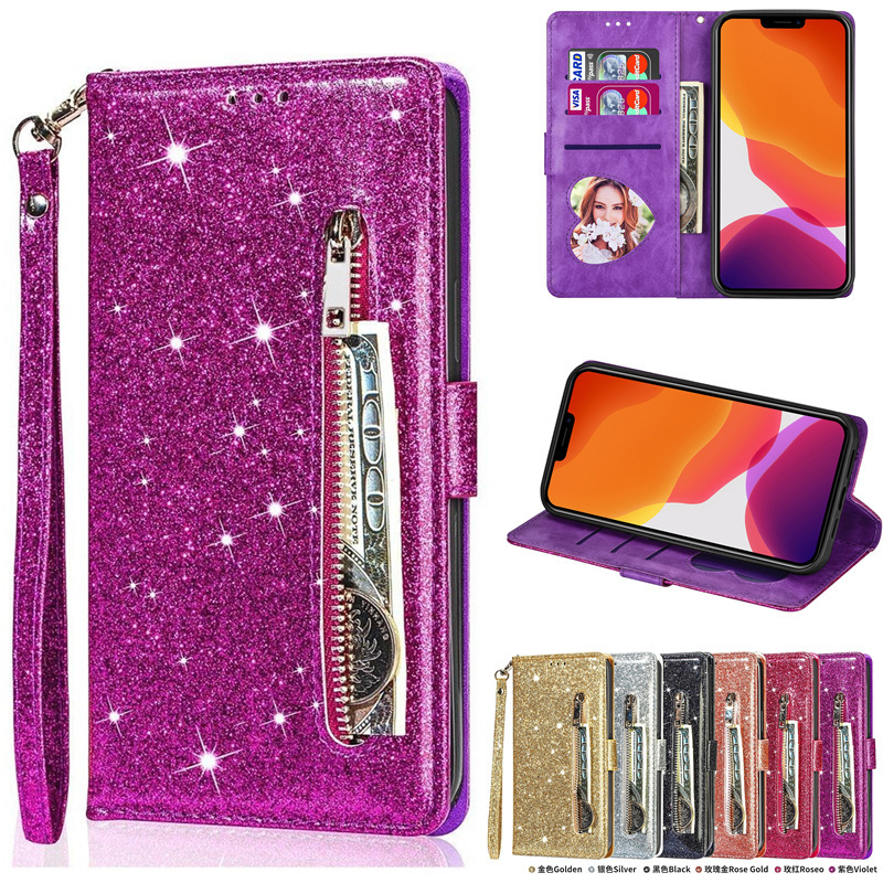 iPhone16 Zipper Phone Case for Apple 14PRO Glitter Powder Leather Case XR Walchback Drop-Resistant Protective Case