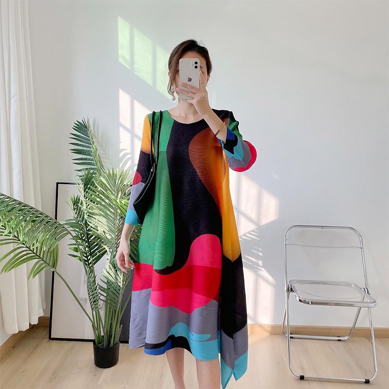 Fashion Dress Printed Women's Summer 2022 European and American Elegant Age-Reducing Large Size Slimming Pleated Skirt for Moms