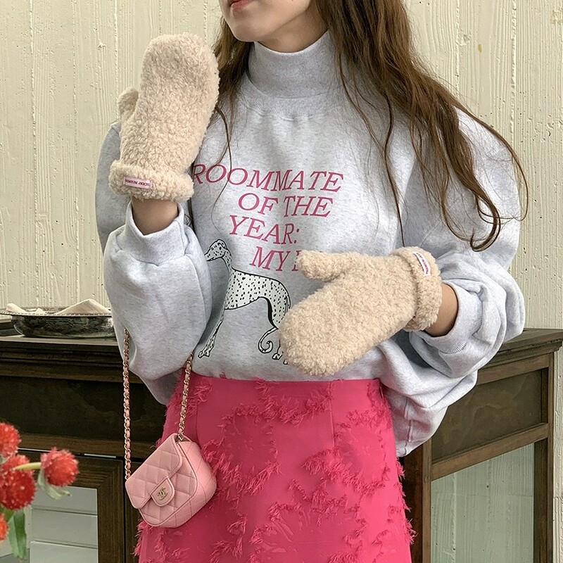 fleece-lined Sweater Female Designer High Neck Warm Loose Version Cute Pattern Top