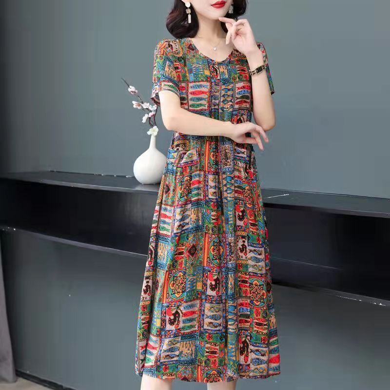 -妈妈洋气印花连衣裙中老年女装碎花时尚外穿有口袋人造棉裙子
