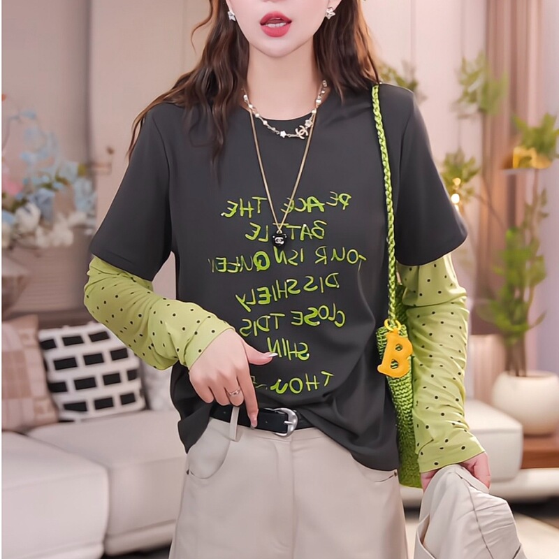 Large Size Polka Dot Patchwork Long-Sleeved T-Shirt Women's New Summer Printed Top Large Size Polka Dot Patchwork Long-Sleeved T-Shirt Women's New Summer Printed Top