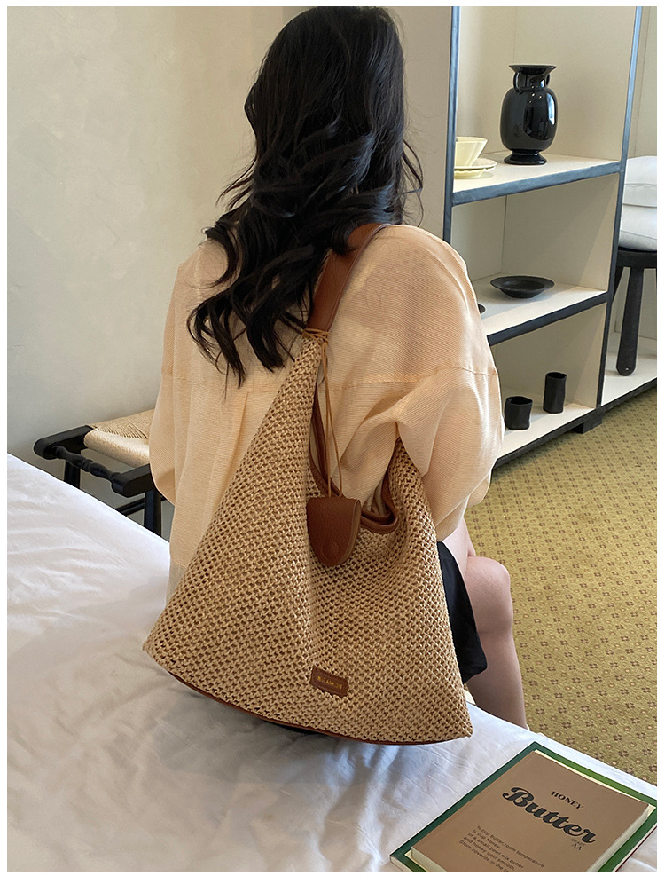 Gewebte Schultertasche Französischer Stil Gestreifte Strohtasche_voghion.com