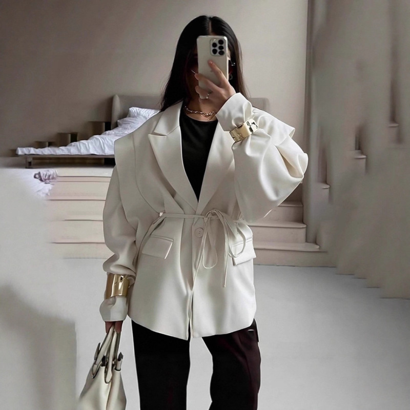 Amazon's 2025 Autumn and Winter New Cross-Border European and American Fashion Waist-Cinching Slimming Tie Loose Versatile V-Neck Jacket for Women Amazon's 2025 Autumn and Winter New Cross-Border European and American Fashion Waist-Cinching Slimming Tie Loose Versatile V-Neck Jacket for Women