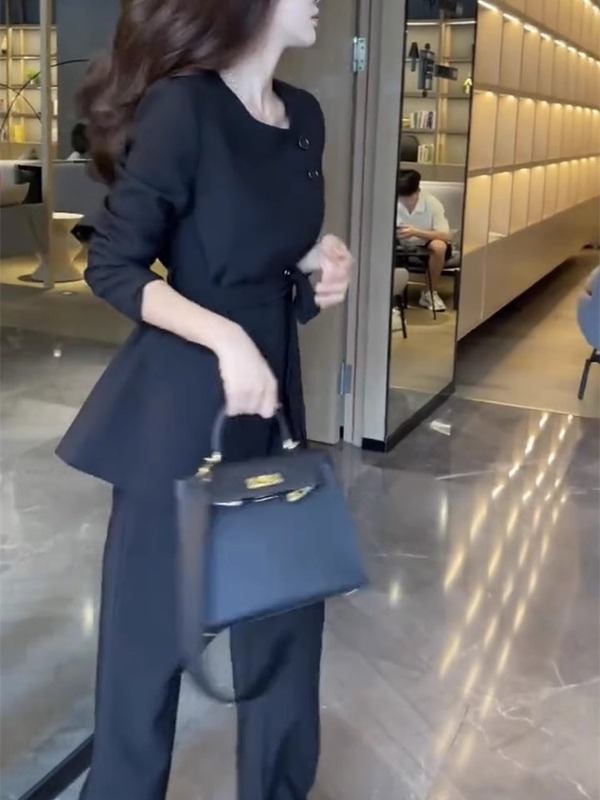2907大码女装职业气质通勤方领西装套装胖mm设计感西服长裤两件套|undefined