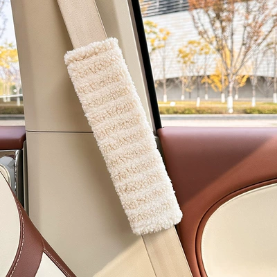 Cartoon car seat belt shoulder pad cover advanced sense cute plush car anti-collar shoulder pad four seasons universal shoulder pad (Seat belt shoulder pad) - moon-velvet-striped-shoulder-pads-beige