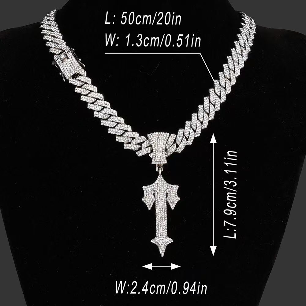 Collar unisex de aleación de zinc con colgante de espada cruzada de hip-hop transfronterizo, cadena cubana con diamantes completos, joyería de nicho hip-hop.