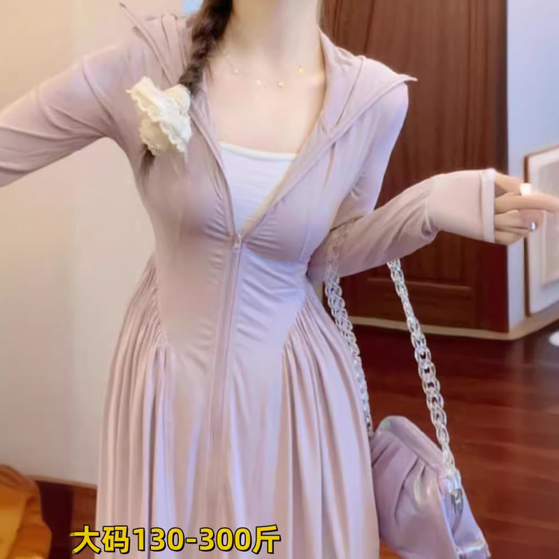 Extras size 300kg waist slim cool sunscreen dress outdoor UV coat hooded dress long