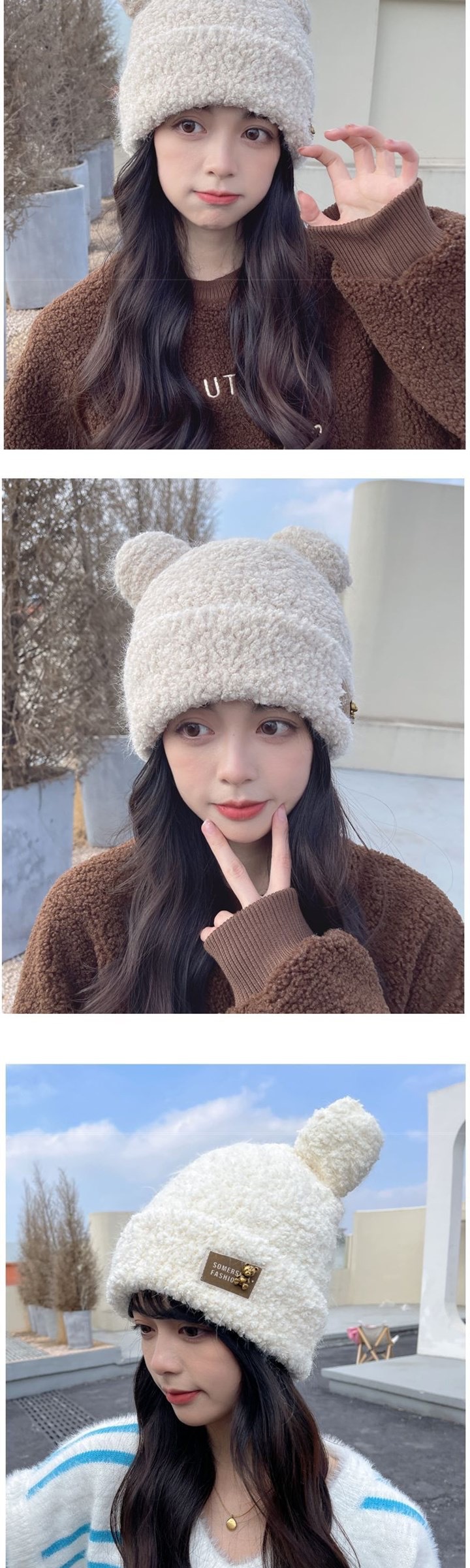 Petit bonnet ours pour femme, couleur kaki, à pompon, chaud pour l'hiver, épais, protection des oreilles, joli bonnet tricoté pour les étudiantes_voghion.com