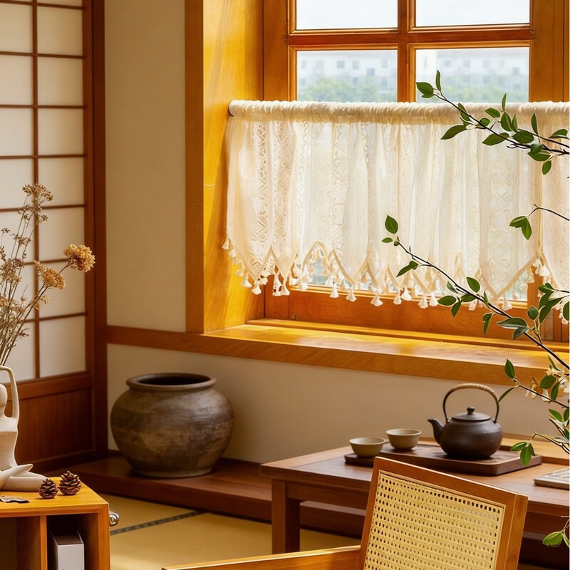 American-Style High-End Door Curtain, Kitchen Window Half Curtain, Balcony Half-Length Curtain, Cotton Thread Woven Tassel Partition Curtain American-Style High-End Door Curtain, Kitchen Window Half Curtain, Balcony Half-Length Curtain, Cotton Thread Woven Tassel Partition Curtain