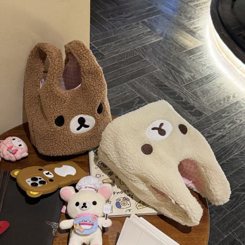 Cute Retro Rilakkuma Popular Autumn and Winter Lamb Wool Embroidered Handbag Versatile Commuter Bag Portable Tote Bag