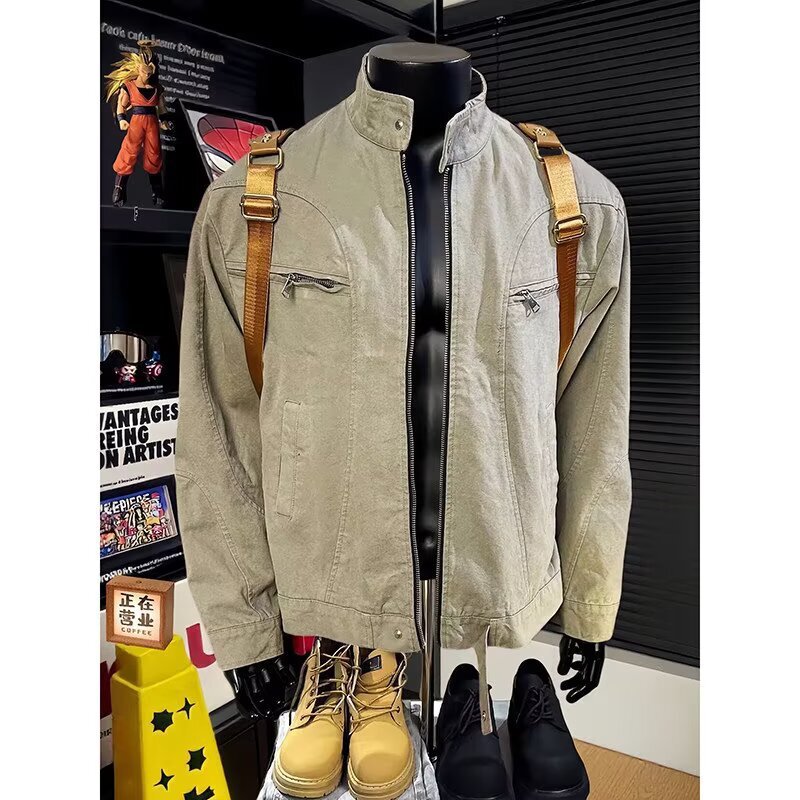 Harrington straight-shoulder jacket for men, spring American retro Detroit workwear jacket, vintage short denim coat