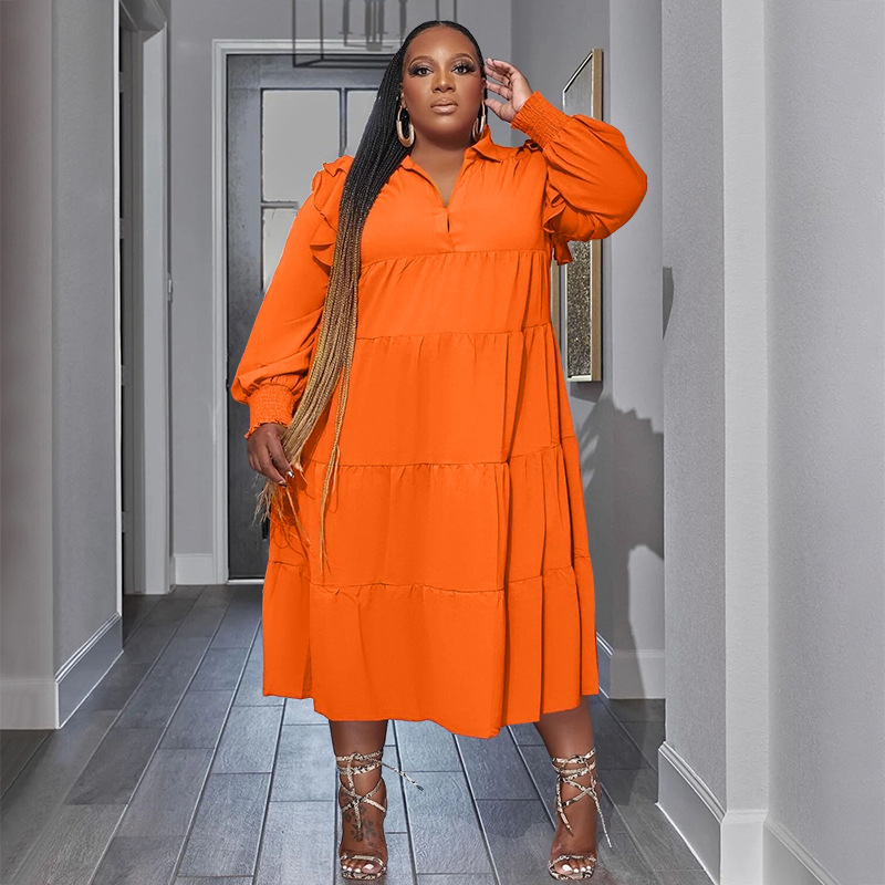 Loose Version Solid Color Pattern Spring, Autumn Season Wholesale Women'S Fashion Solid Color Holiday Turndown Long Sleeve Swing Dress