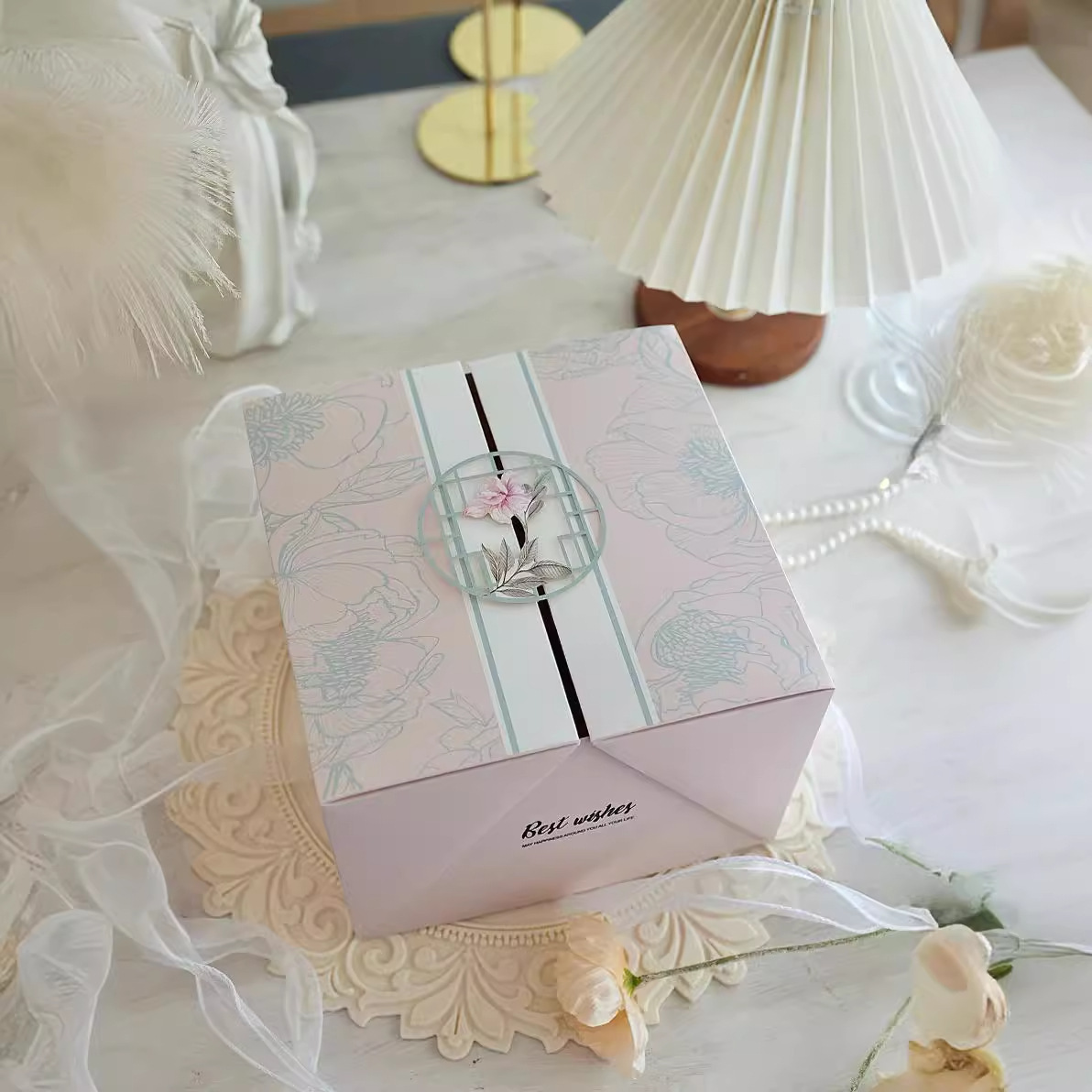 母亲节中式蛋糕盒5寸6寸粉色双开翻盖式包装盒节日生日甜品打包盒