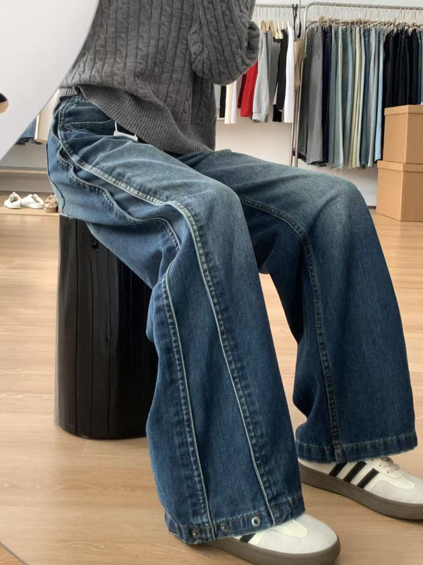 直筒牛仔裤女夏季胖mm大码宽松显瘦复古美式高腰设计感阔腿拖地裤|undefined