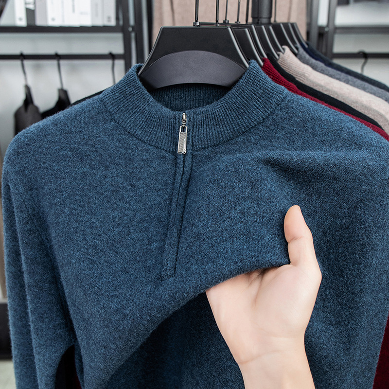 All-Wool Half-Zip Sweater, Winter Warm Men's Knitwear, Pullover Solid Color Thickened Top, Dad's Clothing All-Wool Half-Zip Sweater, Winter Warm Men's Knitwear, Pullover Solid Color Thickened Top, Dad's Clothing