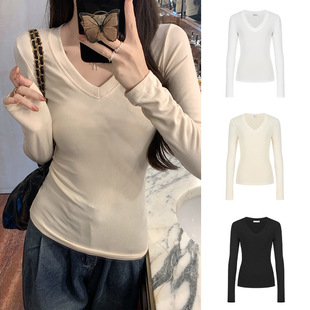 Moses Queen/Moshi Queen Showcase V-neck Long Sleeve T-shirt Women's Shoulder Sanding Slim Top