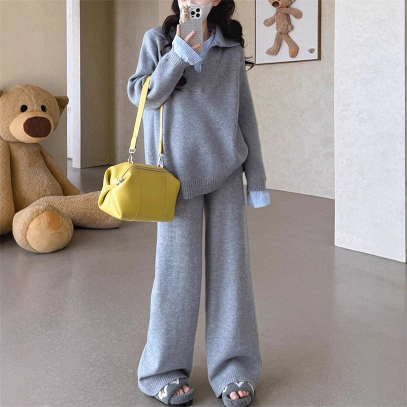 时尚慵懒风针织套装女秋冬季新款衬衫拼接假两件毛衣阔腿裤两件套|undefined