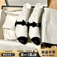 c家小香风蝴蝶结短靴女气质名媛黑白拼色玛丽珍短靴弹力瘦瘦靴子
