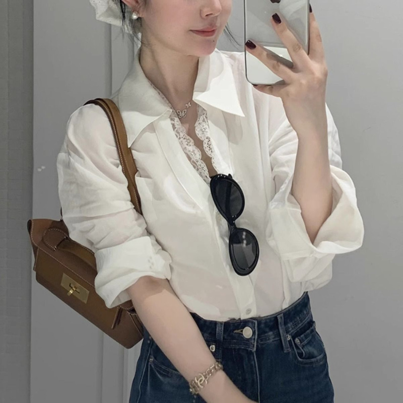 Lace Long Sleeve Lapel Design Sense White Shirt High Wisdom Style Retro Stacked Wear All-match Slim-fit Waist Outer Wear Top Lace Long Sleeve Lapel Design Sense White Shirt High Wisdom Style Retro Stacked Wear All-match Slim-fit Waist Outer Wear Top