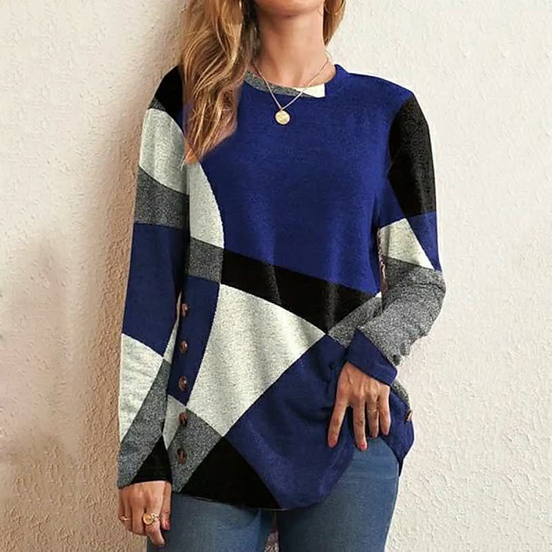 European and American Fashion Women's T-Shirts Red, Blue and Purple Patchwork Printed Long-Sleeved Daily Weekend Basic Round Neck Rules Geometry