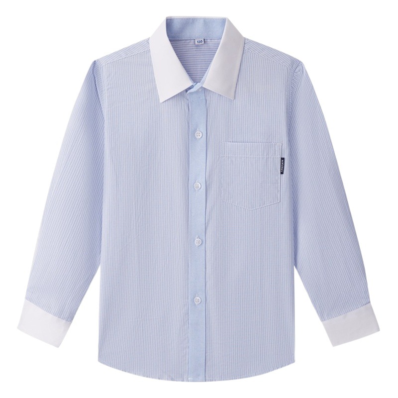 2026 Kidsren's School Uniform Long-Sleeved Pure Cotton Shirt Spring & Fall British Preppy Style Blue and White Stripesd Kidsren's Shirt