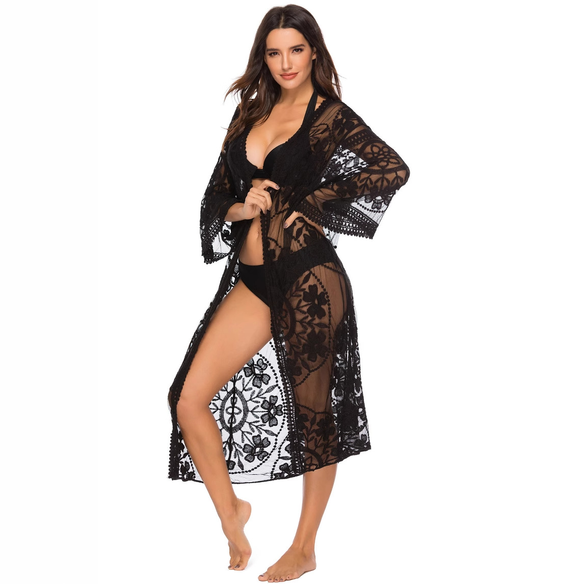 Cruz-Frontera de encaje de las mujeres bikini exterior cardigan estilo fiesta playa blusa sol protección ropa