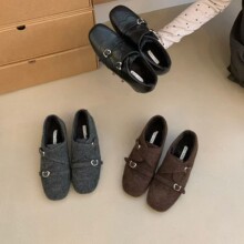 内增高加绒毛呢子复古方头单鞋厚底乐福鞋女秋冬新款英伦风小皮鞋