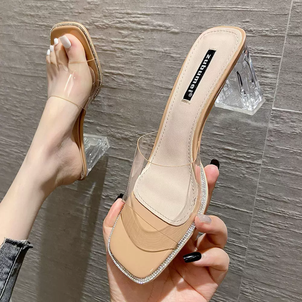 SX68-1外穿透明高跟鞋2025夏季新款方头高跟拖鞋一字带透明凉鞋女