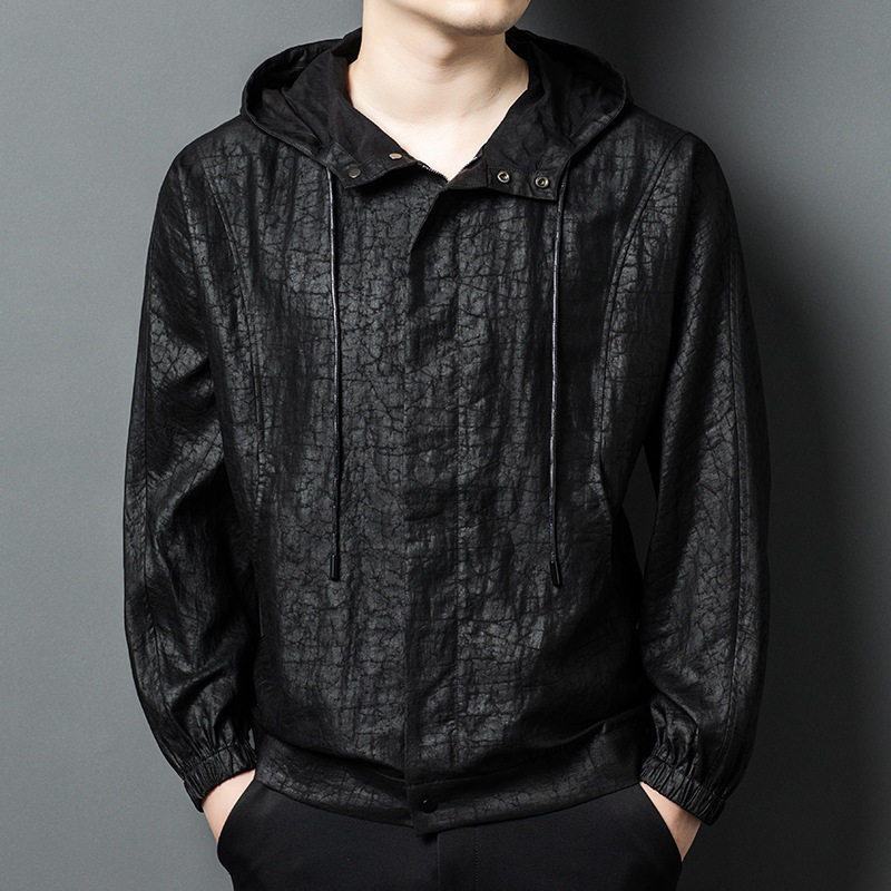 Men's High-end Xiangyun Yarn Coat Mulberry Silk Turtle Crack Heavy Silk Hooded Jacket Casual Comfortable Men's Wear