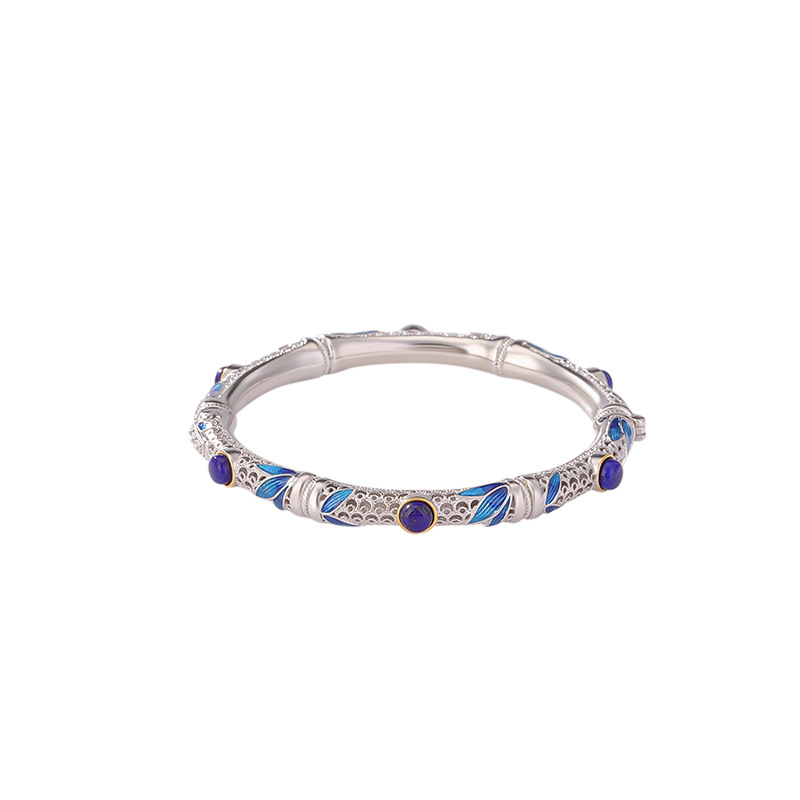 Vòng tay bạc S925 mạ vàng hạt Lapis lazuli phong cách cổ điển họa tiết tre lá rỗng — Các mặt có thể được mở (khoảng 21.5 gram)