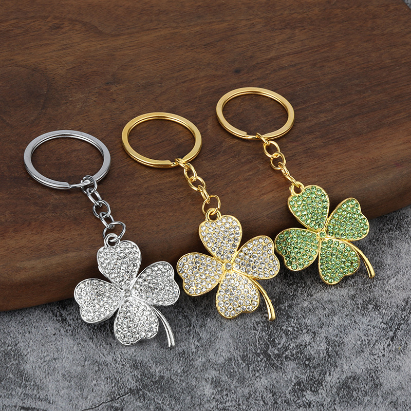 Diamond-Encrusted Lucky Four-Leaf Clover Car Keychain Metal Women's Bag Pendant Key Chain Ring Creative Pendant Cross-Border Gift