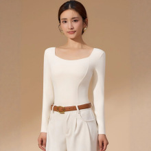 赛迪~白色羽绒保暖内衣女长袖衫带胸垫一体修身显瘦U领加绒打底衫