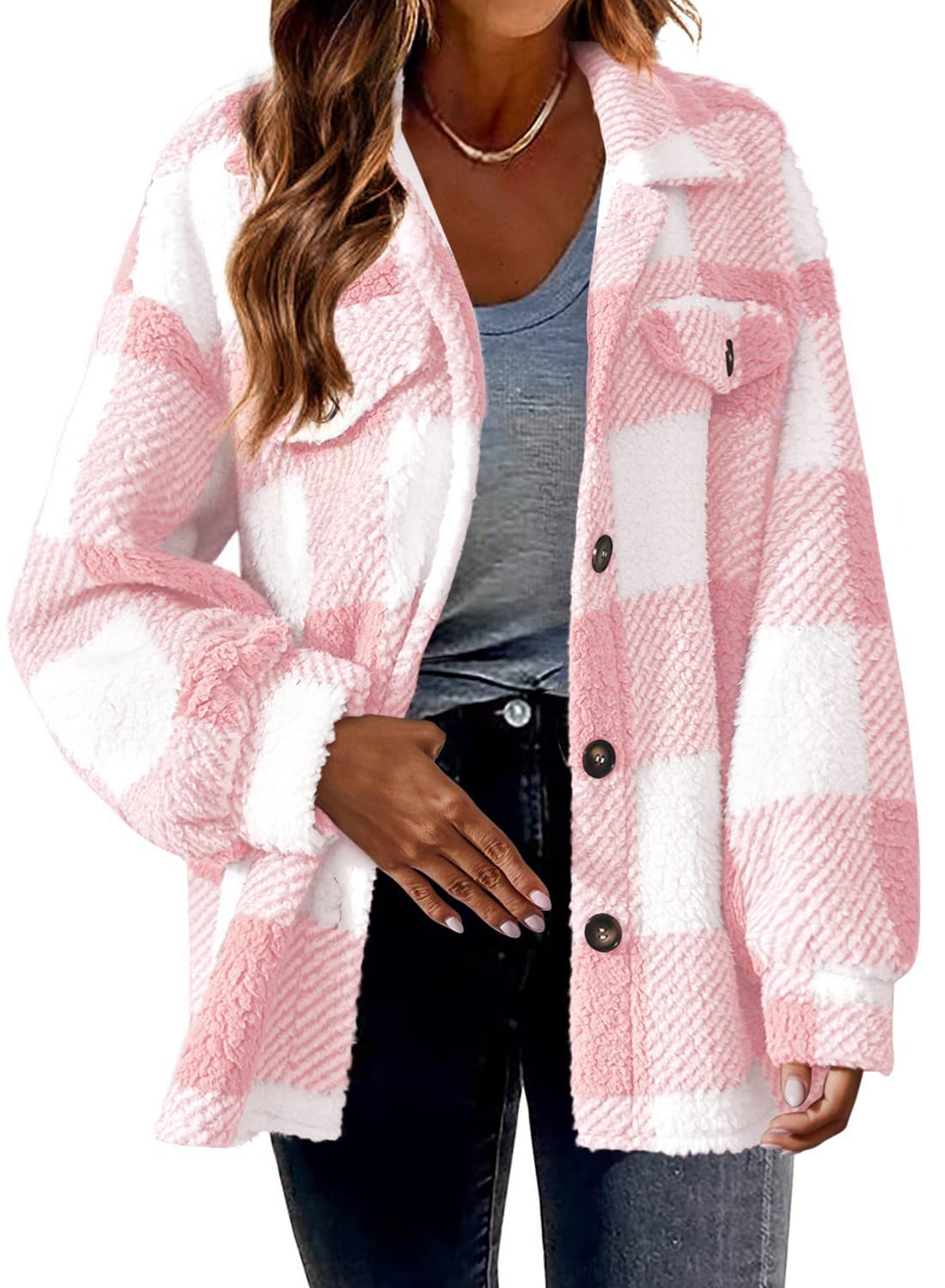 Cross border women's clothing 2024 new Amazon autumn and winter with pocket plaid lambskin jacket button plush jacket