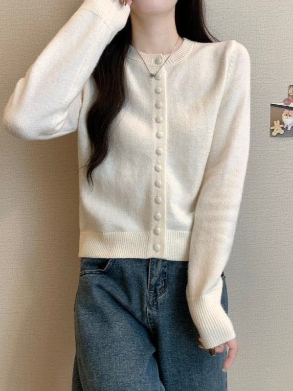安迪绒春秋新款洋气圆领针织开衫外套女宽松薄款休闲气质上衣毛衣|undefined