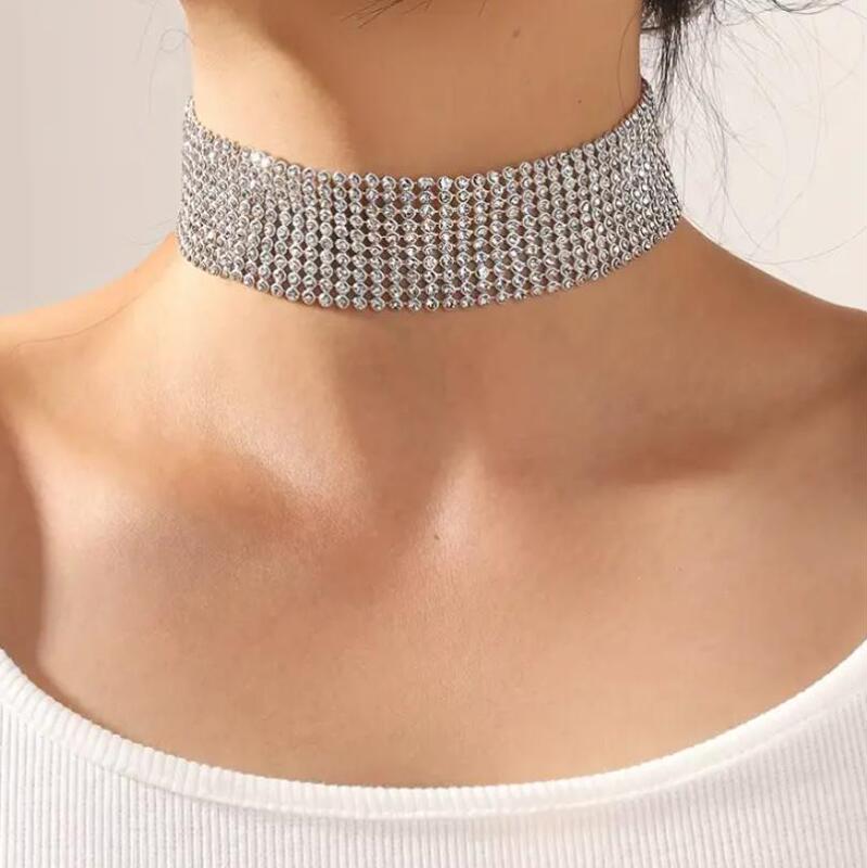 Cross-border European and American 2023 Women's Jewelry Fashion Fashion Collar Party Full Diamond Spice Girl Personality Simple Fashion Necklace