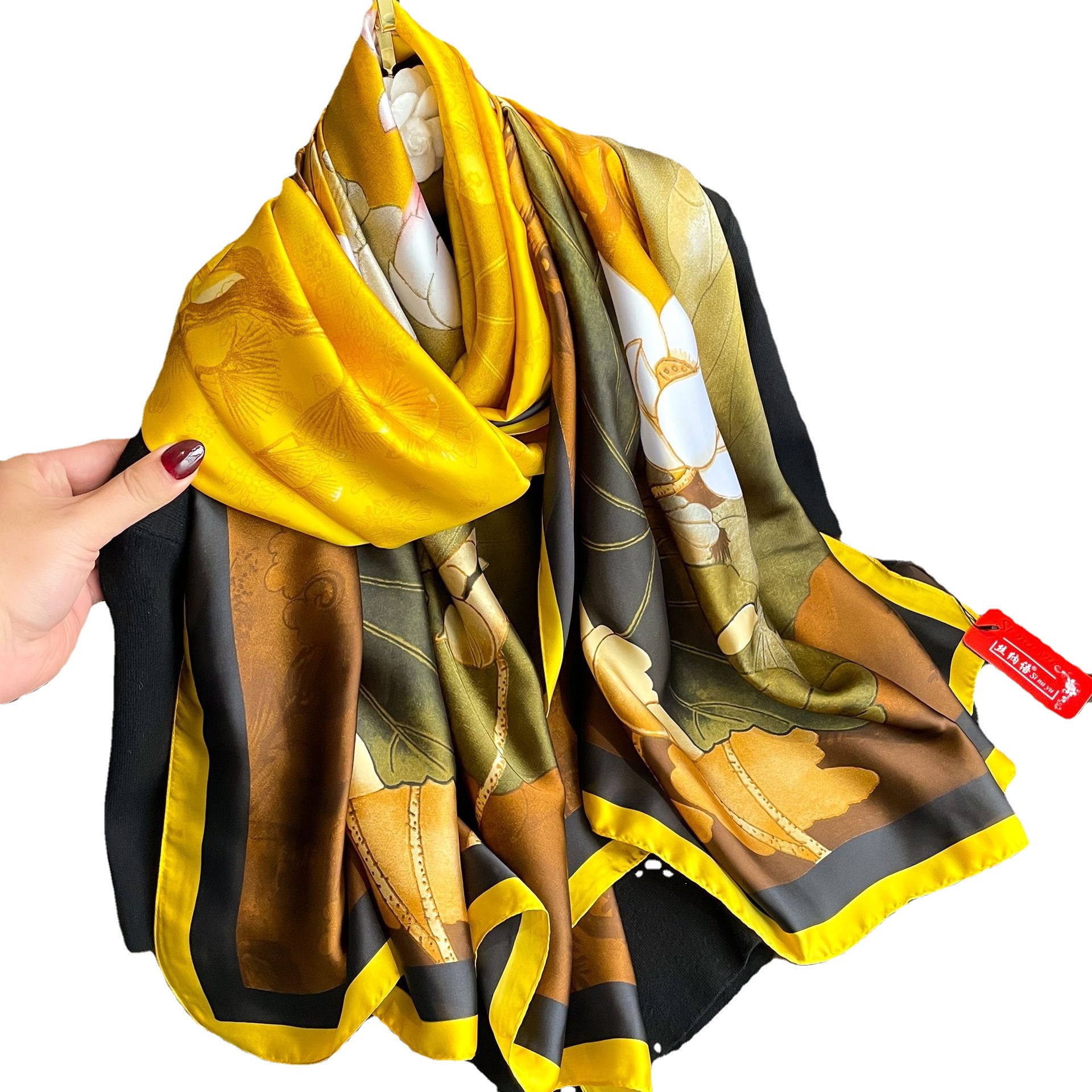 Bufanda de brocado de estilo chino elegante protector solar Toalla de playa primavera y verano Delgado Lotus impreso bufanda de seda artificial