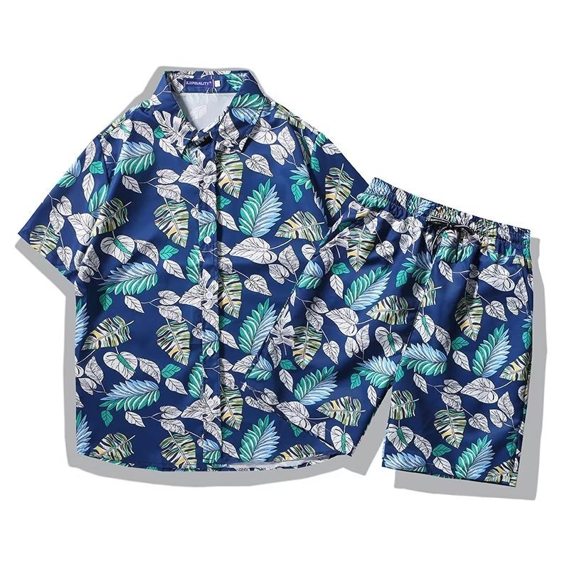 Men's Tropical Print Short Sleeve Shirt And Shorts Set, Quick-Dry Hawaiian Beach Outfit, Matching Couple Vacation Two-Piece Set​_viptrois.com