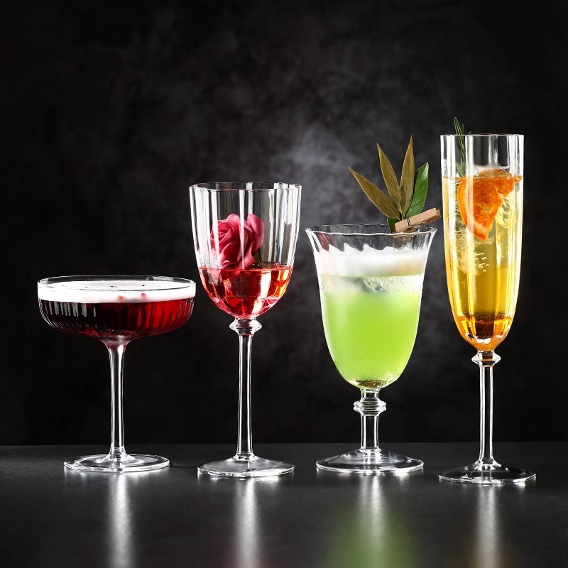 패턴 주스 컵 칵테일 컵 샴페인 컵 레드 와인 유리 와인 컵 과일 티 컵 빈티지 스트라이프 하이 풋 컵