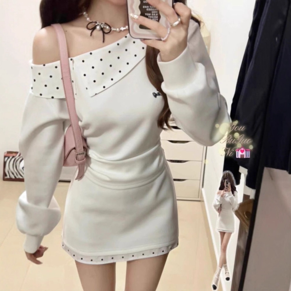 Pure Desire Style Asymmetrical Neck Off-Shoulder Polka Dot Sweatshirt for Women, New American Retro Embroidered Slimming Casual Versatile Top for Autumn