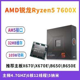 新品AMD锐龙5 7600X 6核12线程r5 5nm 105W AM5接口CPU处理器