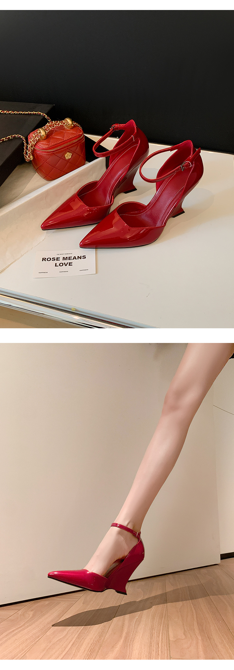 Giày sandal cao gót nữ mũi nhọn quai ngang chất liệu da bò sơn cao cấp, gót xuồng 9 cm — màu đen, màu trắng, màu mơ, màu đỏ chi tiết 10