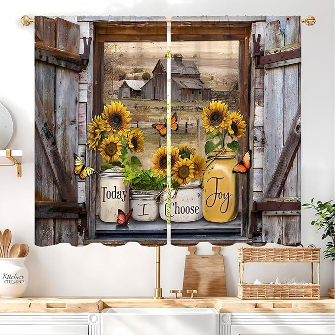 Amazon New Kitchen Decorative Curtains Brown Old Barn Door Sunflower Potted Plants Vintage Country Printed Window Treatments